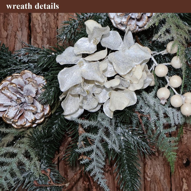 BINFEN 20” Glitter Pine Christmas Winter Wreath with Metallic Silk Hydrangea Pinecone & White Berry – Mixed with Norfolk Cypress Cedar & Spruce, Wreaths for Front Door Porch Mantel & Fireplace Decor