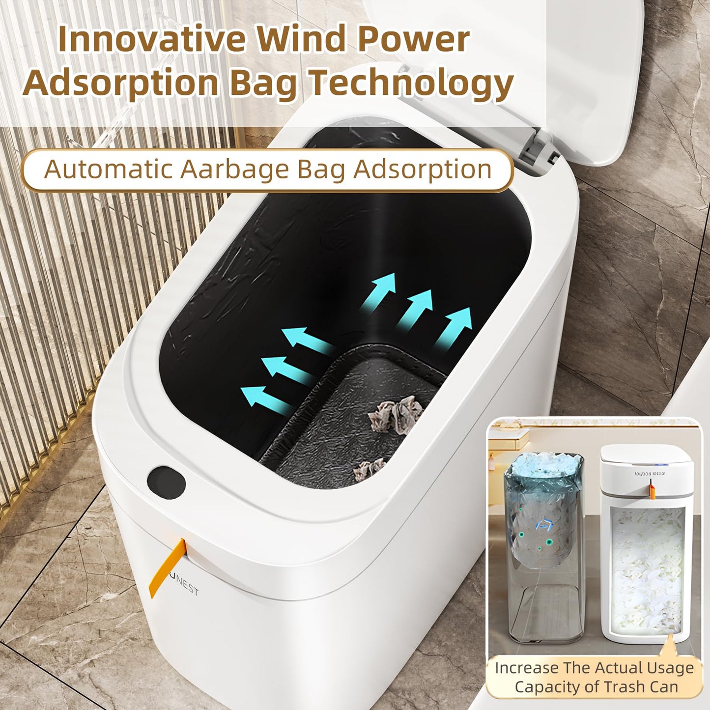 funest Smart Bathroom Trash Can with Lid- 3.5 Gallon Rechargeable Motion Sensor Trash Can,Waterproof Automatic Garbage Can with Automatic Suction Bag Feature,Waste Bin for Bedroom, Kitchen, Office