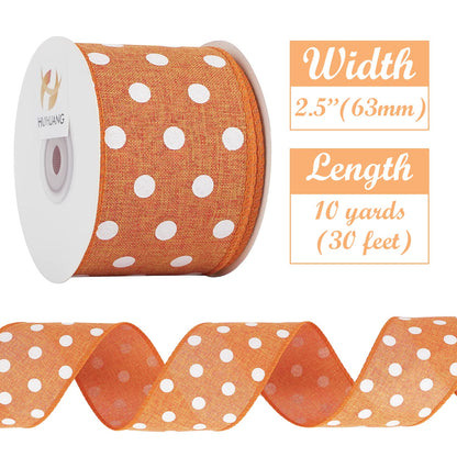 HUIHUANG Orange Polka Dot Wired Ribbon, 2.5 Inch X 10 Yards - Orange and White Dot With Wire Edge for Crafts, Fall Wreath Supplies, Gift Wrapping, Basket Bows, and Decor