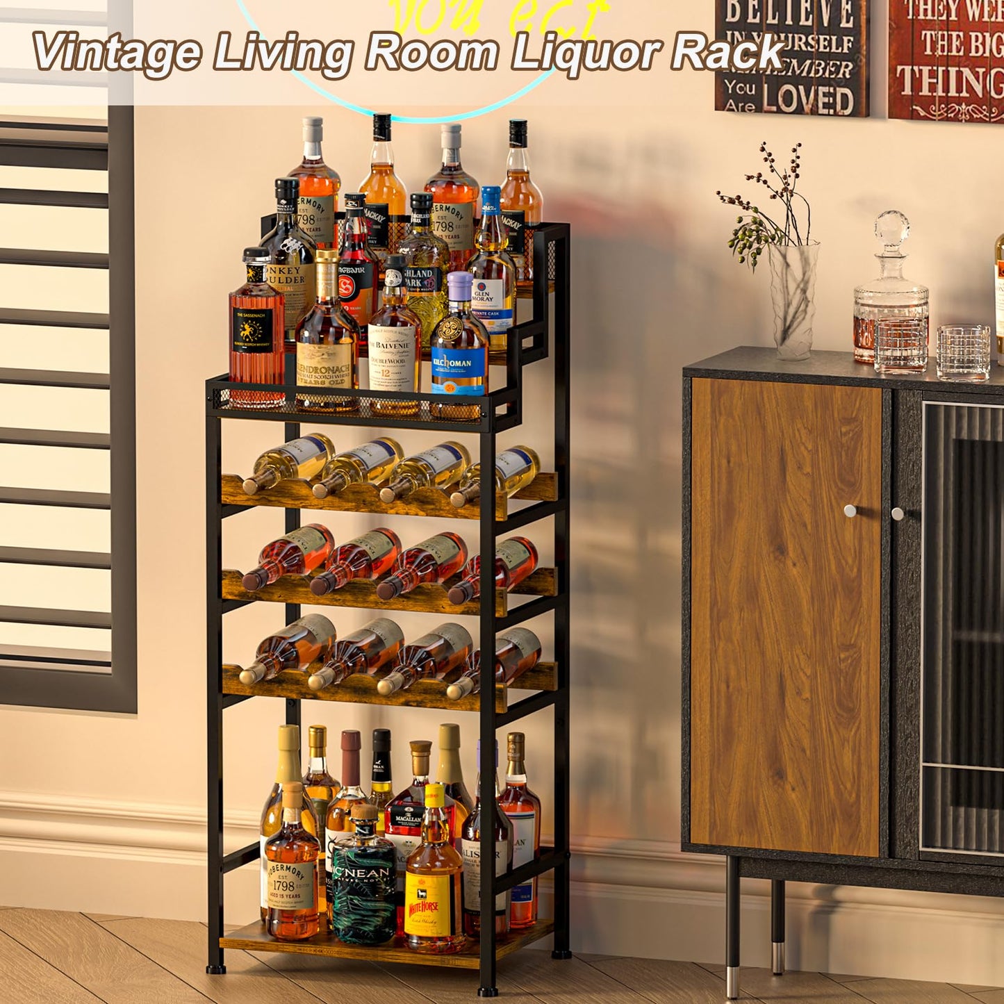 Tiered Wine Rack and Liquor Cabinet, Large Capacity Freestanding Floor Wine Storage Shelf for Red Wine, Champagne & Whiskey, Stepped Bottle Display Stand for Home Bar, Living Room, Corner, Dining Room