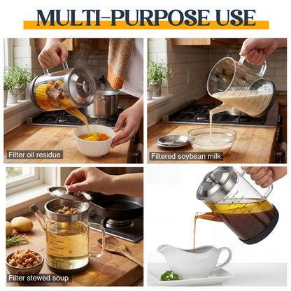Didaey 6.25 Cups / 1.5L Glass Fat Separator Bacon Oil Container with Strainer 50 oz Separator for Kitchen Cooking Grease Strainer Frying Oil Storage Can Transparent Silicone Bottom and Stopper