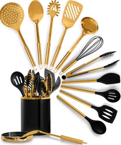 STYLED SETTINGS Black and Gold Cooking Utensils Set - 13-Piece Kitchen Set with Black Ceramic Utensil Holder and Stackable Gold Spoon Rest - Luxury Kitchen Accessories for Stylish Cooking and Serving