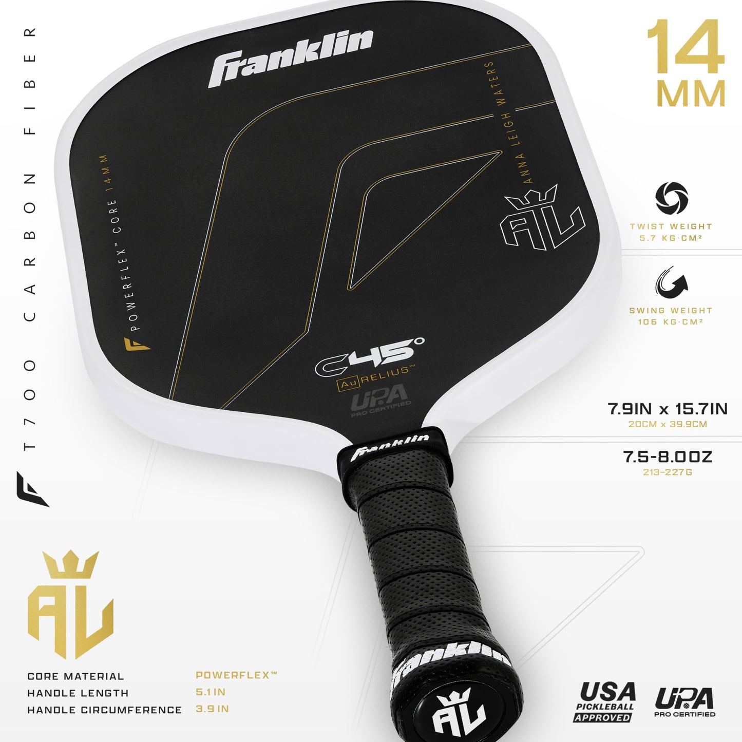 Franklin Sports PRO Pickleball Paddles – C45 Carbon Fiber Series - Official USAP + UPA Approved Pickleball Paddle - Aurelius 14mm Polymer Core - Official Shape of Anna Leigh Waters - Black/White