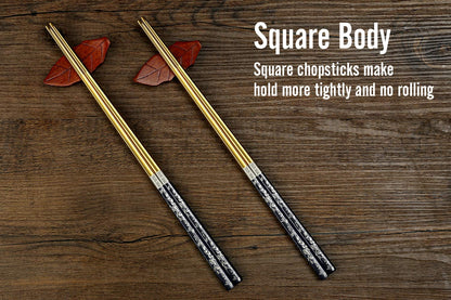 Chopsticks Reusable Titanium Plated Metal Chopsticks 304 Stainless Steel Chopstick Dishwasher safe Japanese Korean lightweight Engraved Anti-slip Chop sticks for Eating 2 Pairs Gift Set Black Gold
