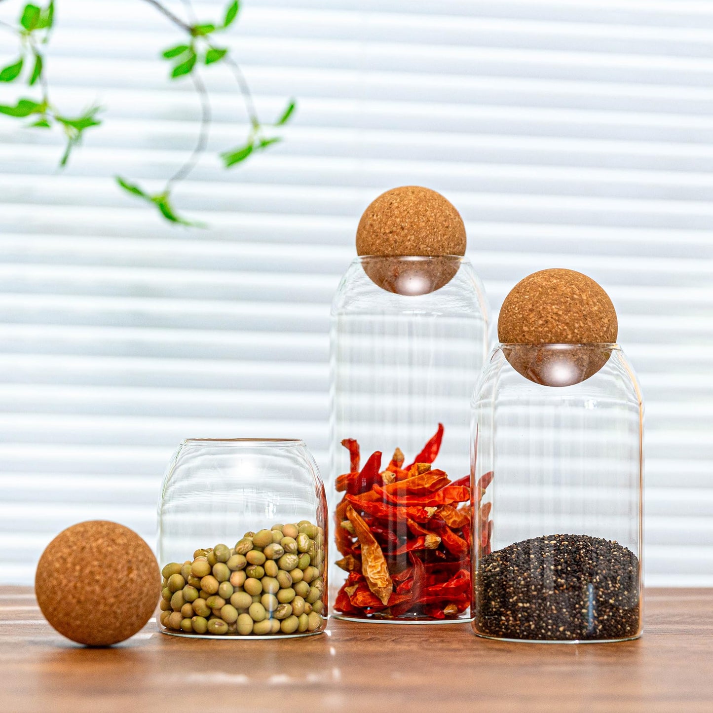 Wisifayardin Glass Storage Jars with Ball Cork Lids - 3 Pcs Set, Decorative Round Glass Canisters, Wood Ball Lids, Sizes: 500ML/17Oz, 800ML/27Oz, 1000ML/34Oz