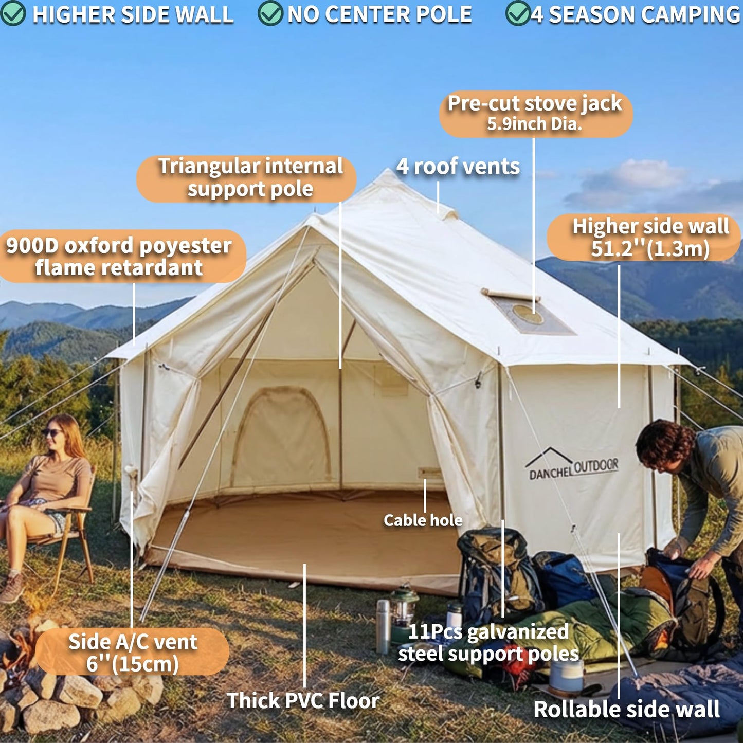 DANCHEL OUTDOOR B6 Luxury Glamping Wall Tent w/Stove Jack, No Center Pole, Higher Side Wall, 900D Flame Retardant Oxford for 4 Season 6-7 Person Family Yurt Cabin Glamping Camping,5m/16.4ft