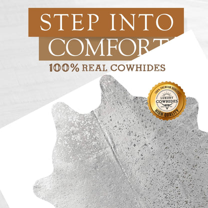 Sunshine Cowhides 100% Genuine Metallic Silver On Off White Cowhide Rug - Modern Style Animal Skin Rug & Floor Carpet for Living Room, Bedroom, Kitchen & More - Extra Large (6x7-8 Ft.)