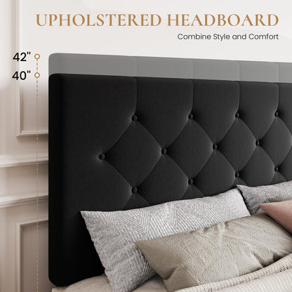SHA CERLIN King Size Platform Bed Frame with 4 Oversized Storage Drawers, Adjustable Headboard with Velvet Upholstery, Diamond Button Tufted Design, Wooden Slat Support, No Box Spring Needed, Black