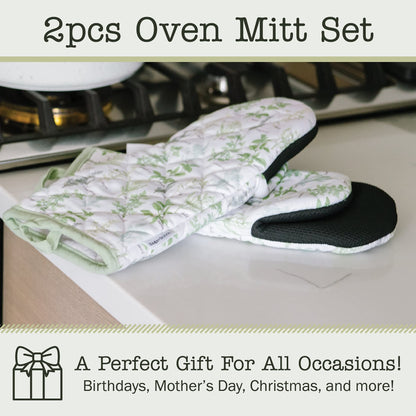 Sage+Stitch Heat Resistant Designer Kitchen Oven Mitts with Neoprene Non-Slip Grips and Hanging Loops | Set of 2 100% Cotton Long Sleeve Kitchen Oven Mitts | 5.5" x 12" | Green Herbs