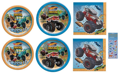 Monster Trucks Birthday Party Supplies Bundle includes 16 Dessert Cake Plates, 16 Lunch Plates, 32 Lunch Napkins, 1 Dinosaur Sticker Sheet