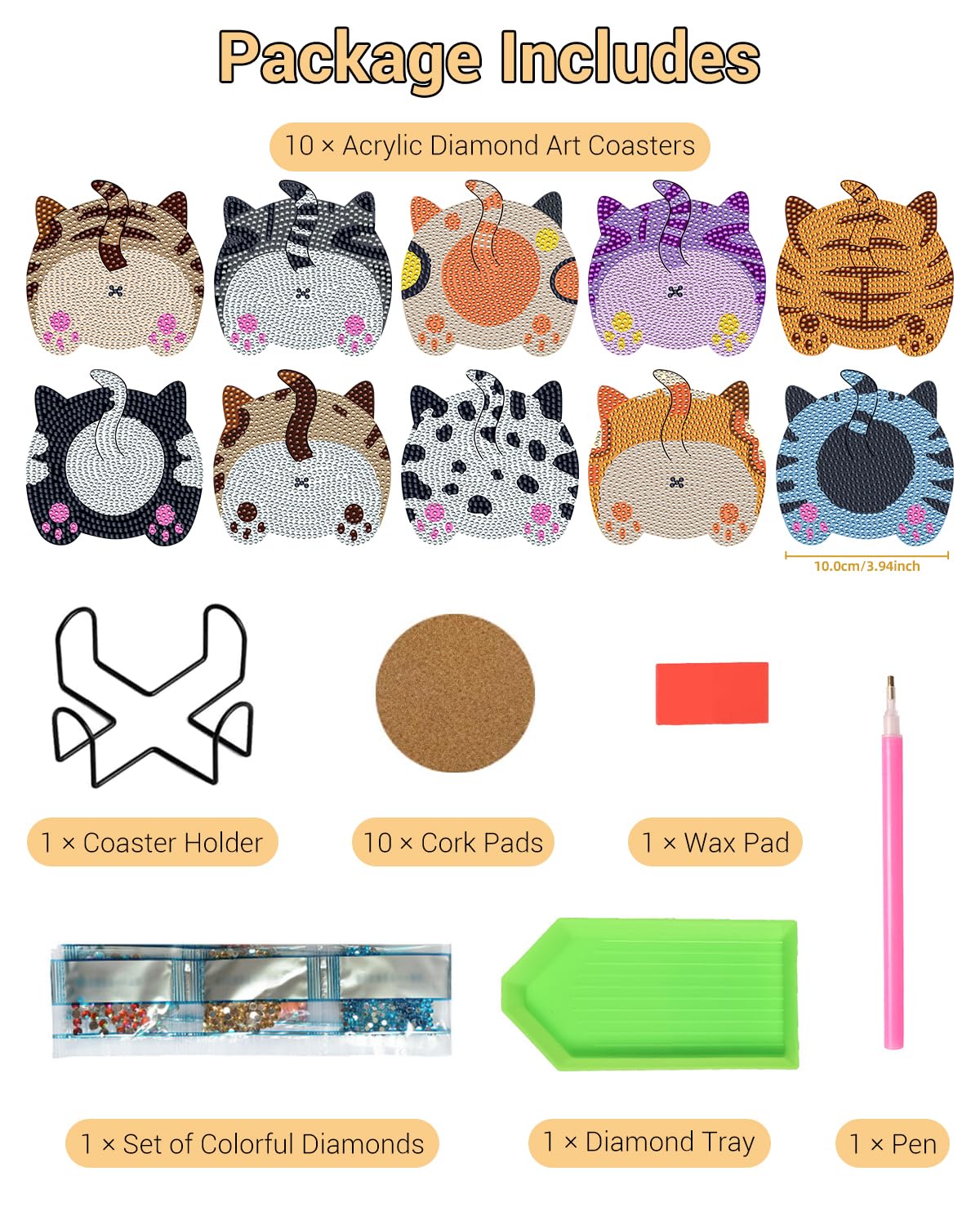 BOCACUE Cute Cat Diamond Art Coasters Kit for Adults, 10 PCS Diamond Painting Coasters with Holder, Cute Gem Painting Coasters for Desk, DIY Diamond Art Crafts, Cat Lover Gifts for Women