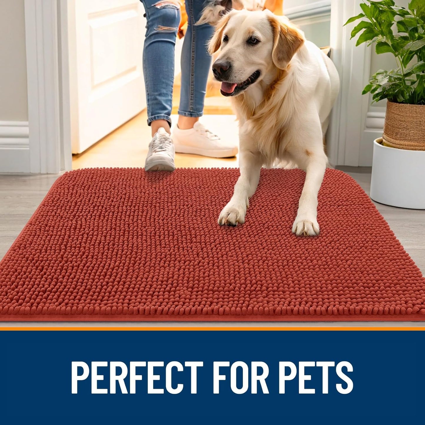 OLANLY Dog Door Mat - Absorbent Non-Slip Mud Mat for Dogs | Quick Dry Chenille, 35x24, Maple Red
