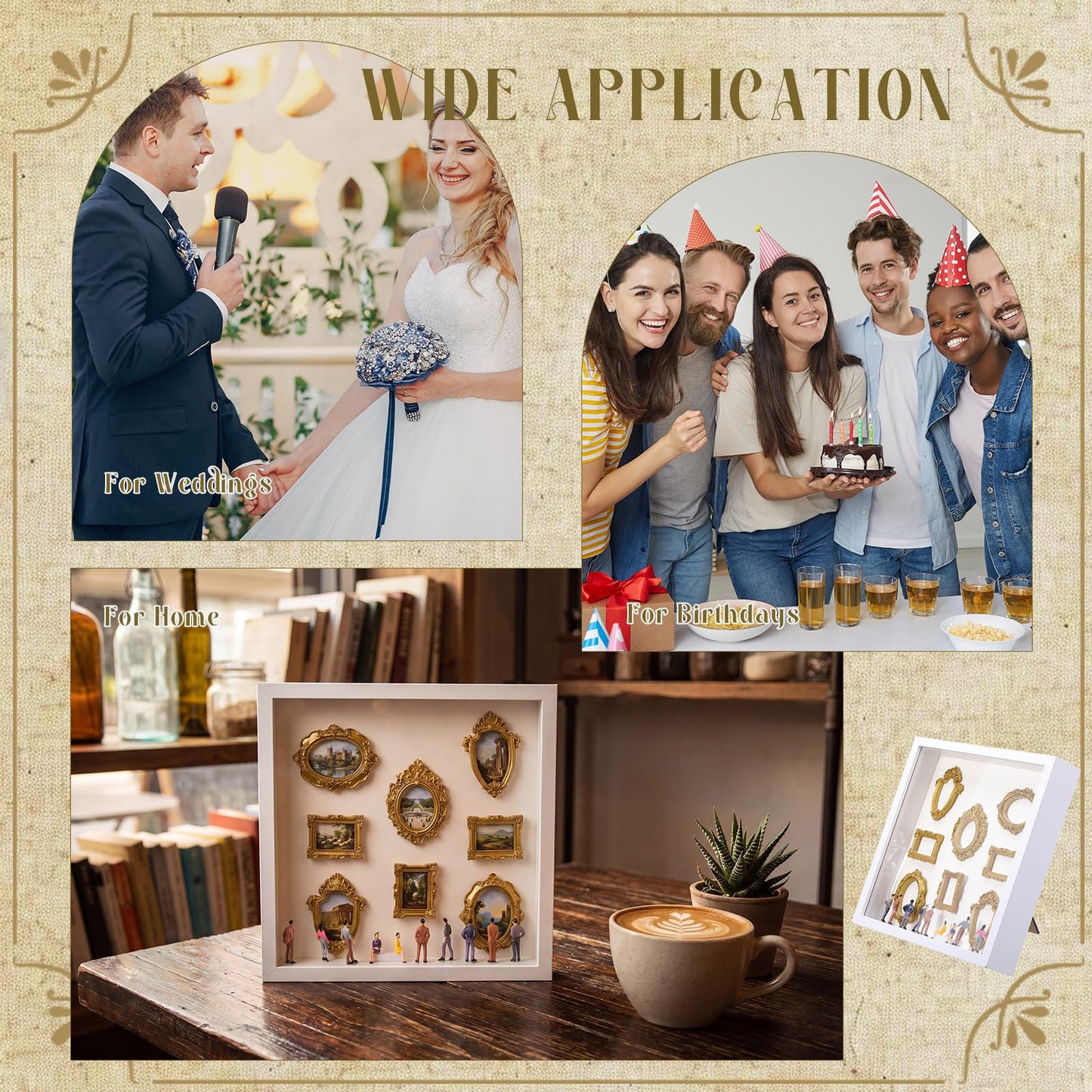 Lineshading DIY Mini Silhouette Shadow Box Museum Frame Kit with 8 Gold Mini Frames and 9 Figurines, Personalized Memory Collage for Anniversary Wedding Birthday Home Decor(White)