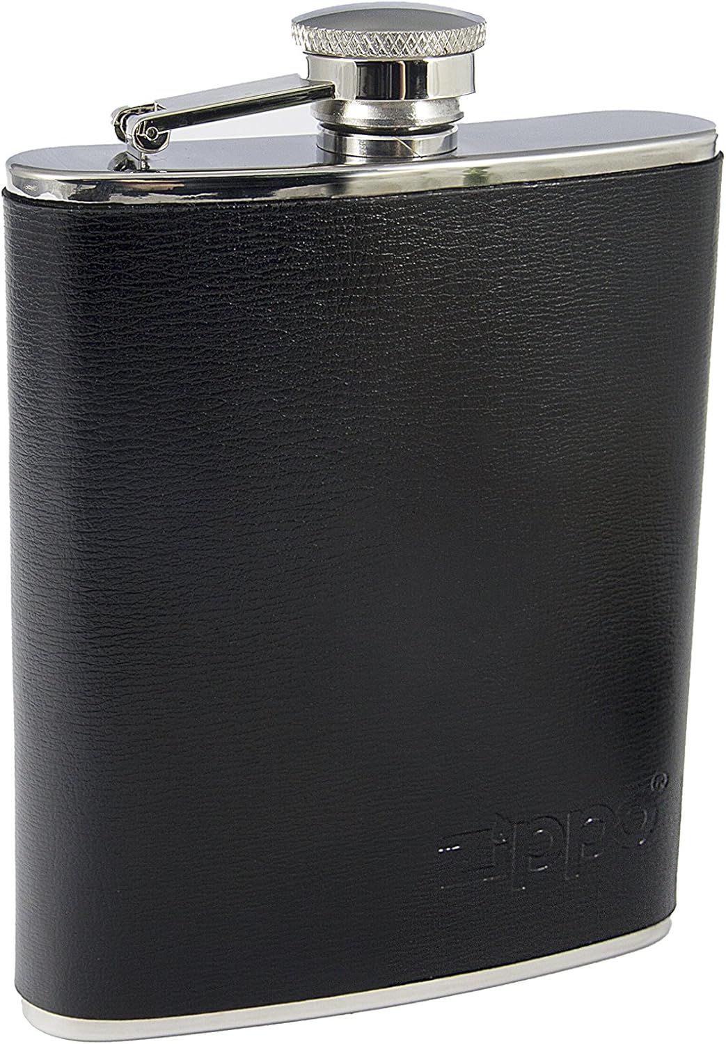Zippo Hip Flask – Reusable, Secured Lid to Prevent Spills, Stainless Steel, Black Leather Logo, 177ml.