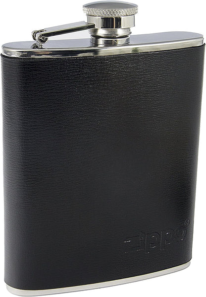 Zippo Hip Flask – Reusable, Secured Lid to Prevent Spills, Stainless Steel, Black Leather Logo, 177ml.