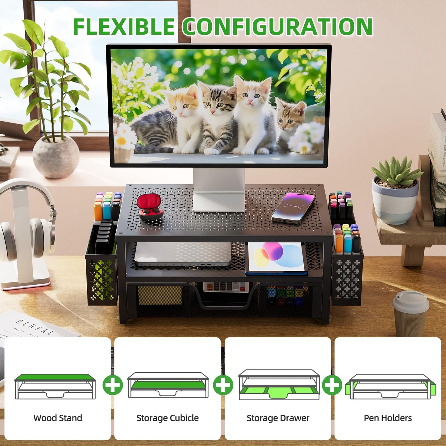 Simple Trending Desk Organizer and Accessories, 2 Tier Computer Metal Monitor Stand Riser with Drawer and Pen Holder for Laptop, Computer, iMac, Black