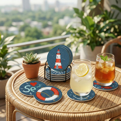 Ocean Nautical Diamond Art Coasters Kits, 8 Pcs Diamond Art Coasters Kit, Diamond Painting Coasters with Holder, Diamond Coasters for Beginners Adults, Crafts Kit for DIY Craft Gift