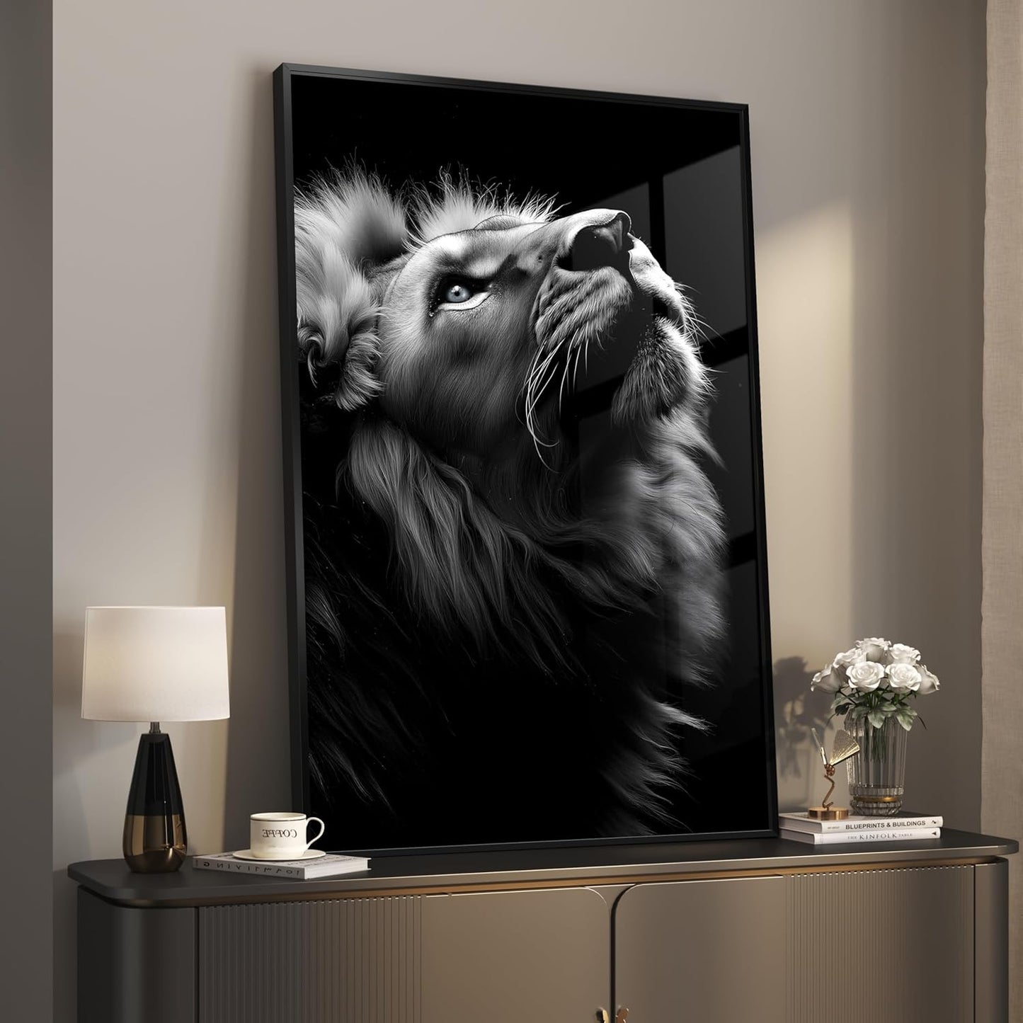 Modern Wall Art - Framed Black and Gray Lion Portrait by [Brand Name] | Minimalist 24x36 In Decor