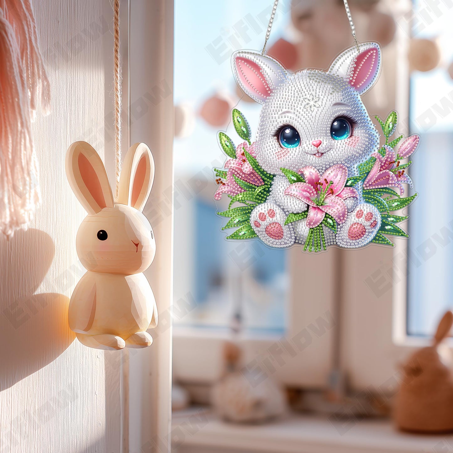 Eiflow Acrylic Diamond Art Hanging Kit for Adults, DIY Diamonds Painting Door Hanging Board Kit, Special Crystal Diamond Art Painting Pendant Ornament (Easter Rabbit)