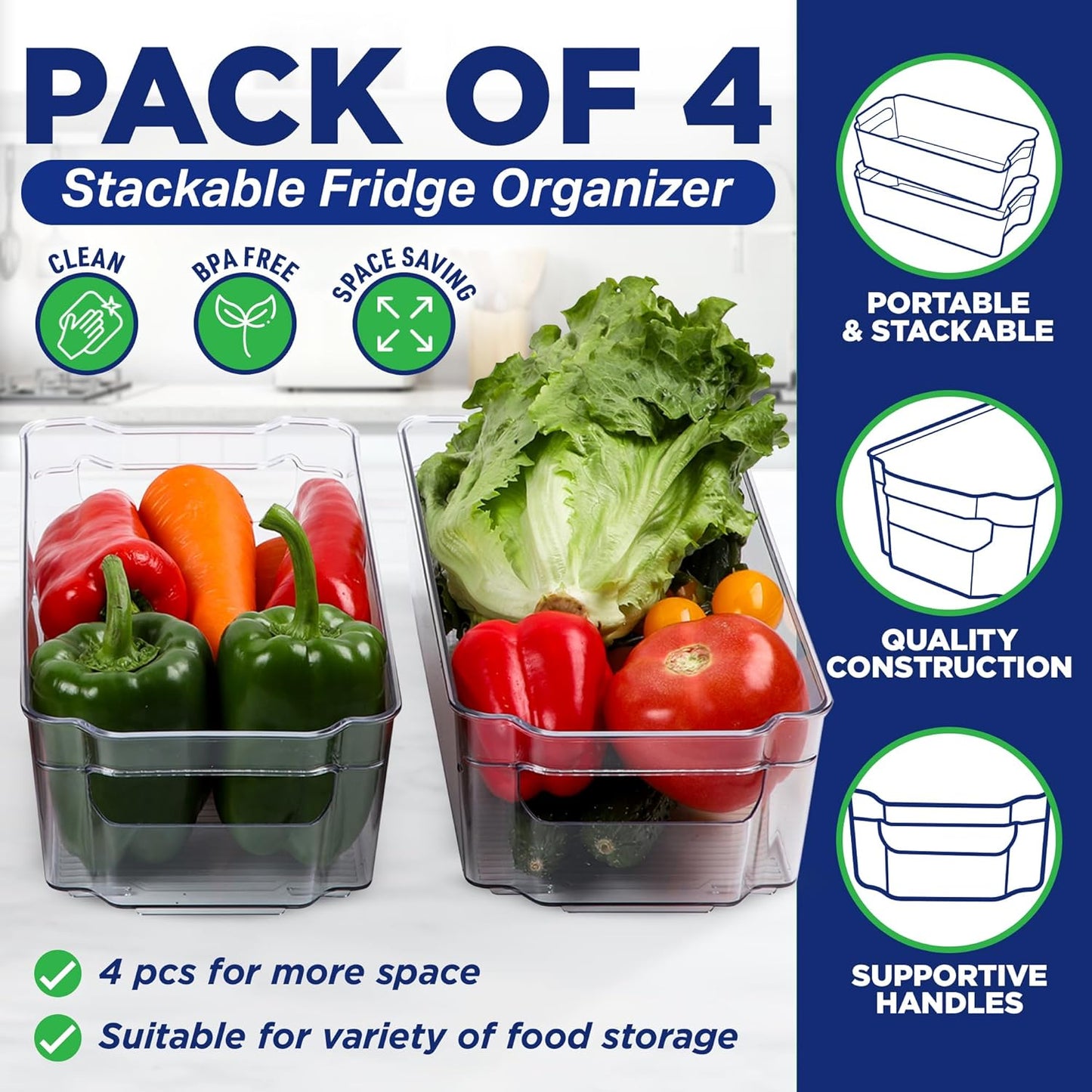 Stackable Clear Pantry Organizers and Storage Bins - 4 Pack for Kitchen Organization, Freezer Storage