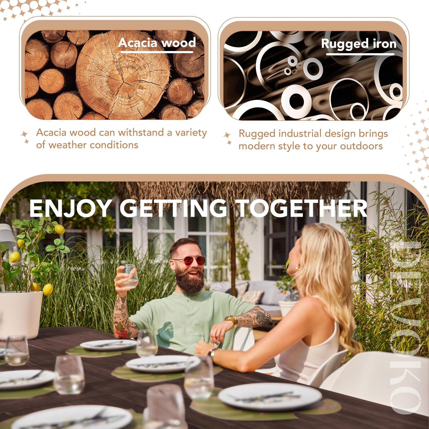 Devoko Home Acacia Wood Dining Table 6-Person Indoor Outdoor Table with Iron Legs, Sandblast Finish, Natural Stained, Rustic Metal, 69 * 33 * 30 inch (Espresso)
