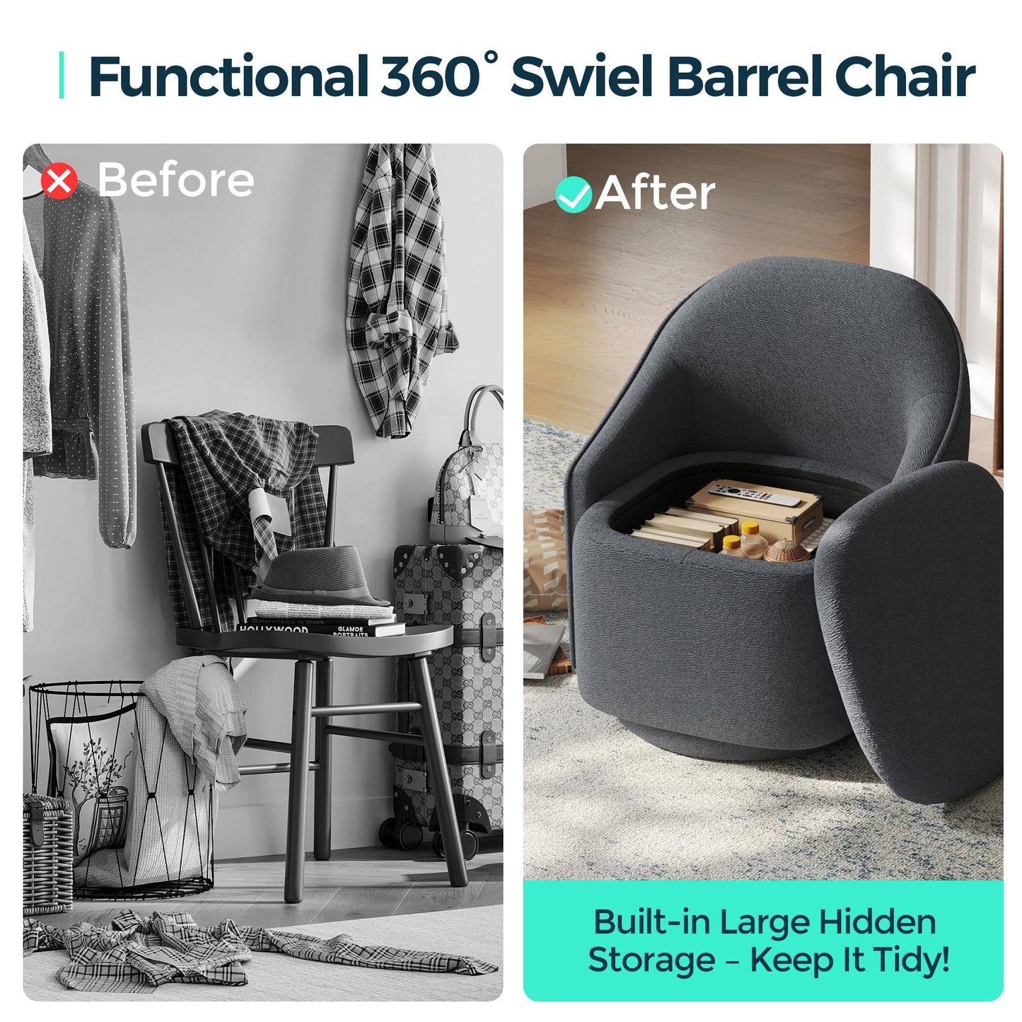LINSY Swivel Accent Chair Set of 2, Comfy Chenille Barrel Chairs with Storage 360 Swivel Modern Armchair for Living Room Bedroom, Small Boucle Reading Chair for Study Room (Grey)