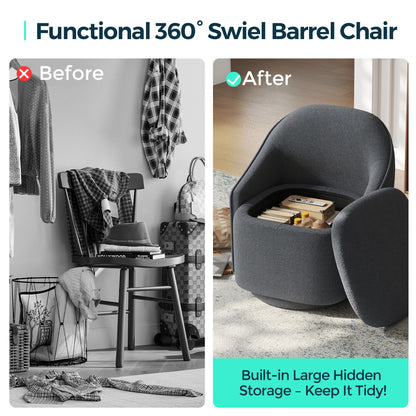 LINSY Swivel Accent Chair Set of 2, Comfy Chenille Barrel Chairs with Storage 360 Swivel Modern Armchair for Living Room Bedroom, Small Boucle Reading Chair for Study Room (Grey)