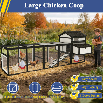Ketive 116" Large Chicken Coop with Run, Wooden Hen House Outdoor Poultry Cage 28.41 ft² for 4–6 Chickens, 4 Nesting Boxes, 4 Perches, Easy-Clean Slide Out Tray, Expandable Backyard Coop