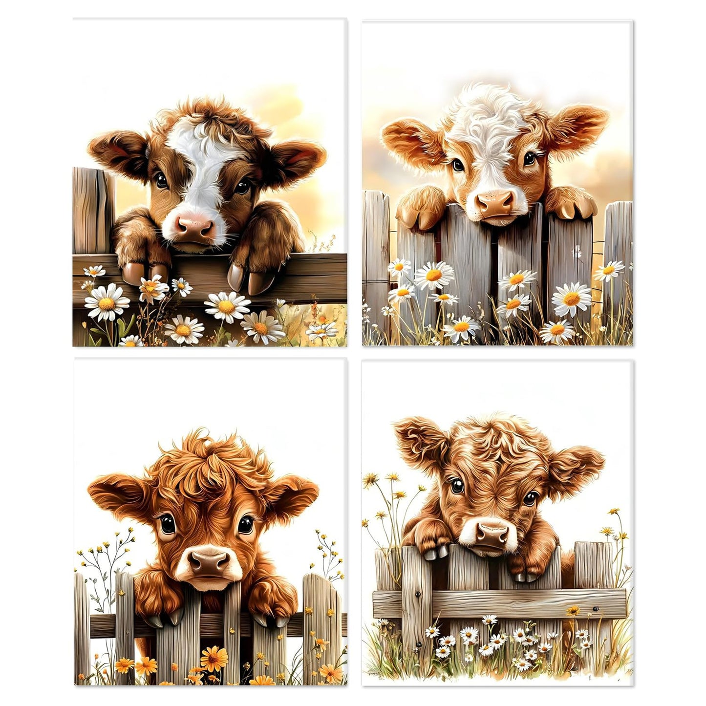 XUNLURY Rustic Highland Cow Diamond Art Kits 4 Pcs, Farmhouse Baby Highland Cow Diamond Painting Kits for Kids Adults Beginners, Full Drill Diamonds Dots for Home Decor, 9.8x11.8 Inch