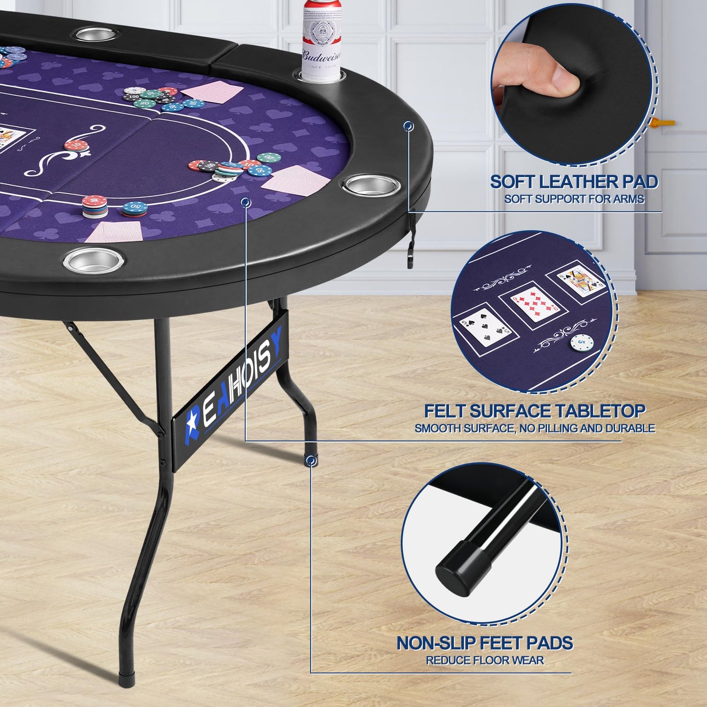REAHOISY Poker Table Foldable, Casino Leisure Gamimg Table for 8/10 Player, Folding Texas Holdem Blackjack Table with Padded Rails & Cup Holders for Home Game Room, 84 Inch