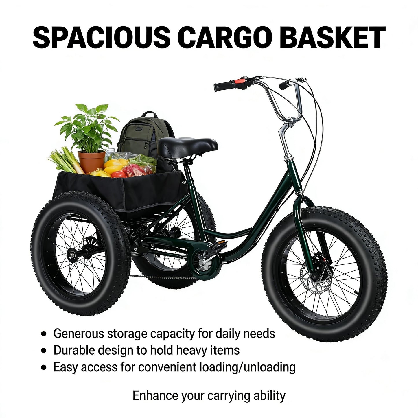 nawoefii Fat Tire Tricycle for Adults 20 Inch, 3 Wheel Bike for Adults Men Women, 7 Speed Cruise Trike with Big Basket, 450 LBS Load All Terrain Heavy Duty Three-Wheeled Cargo Bicycle