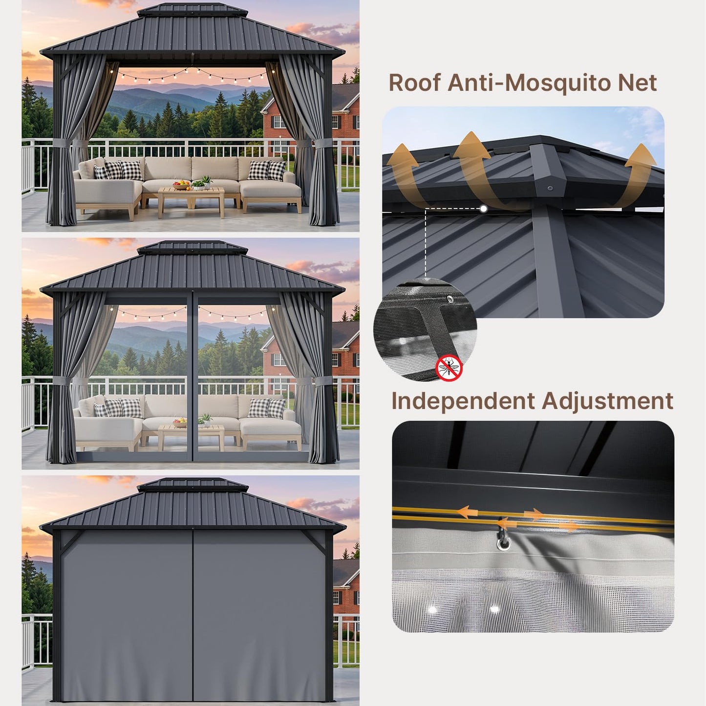Ahomly 10'x12' Hardtop Gazebo, Aluminum Frame Metal Canopy with Double Roof, Outdoor Gazebo with Breathable Netting & Privacy Curtains, Pavilion for Patios for Backyard Deck Dark Grey