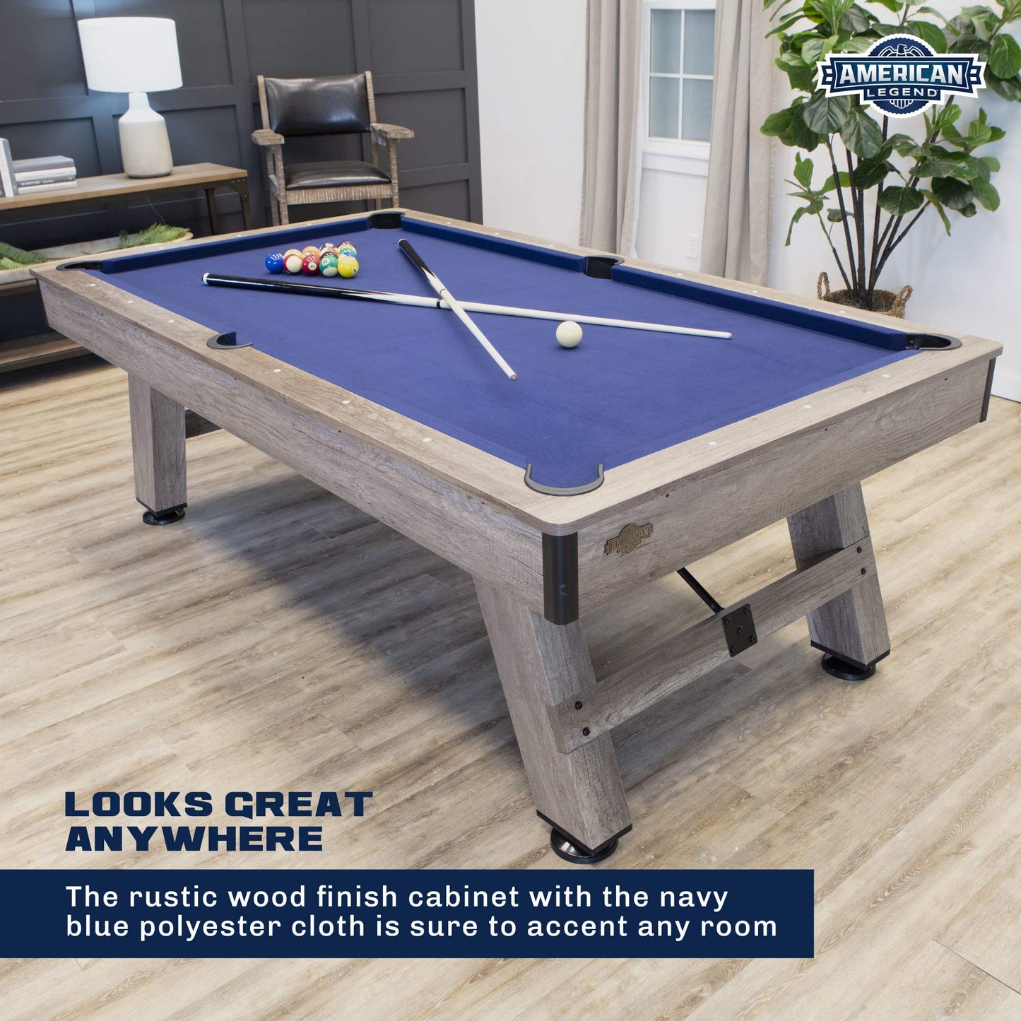 American Legend Brookdale 90” Billiard Table with Rustic Wood Finish and Navy Blue Cloth
