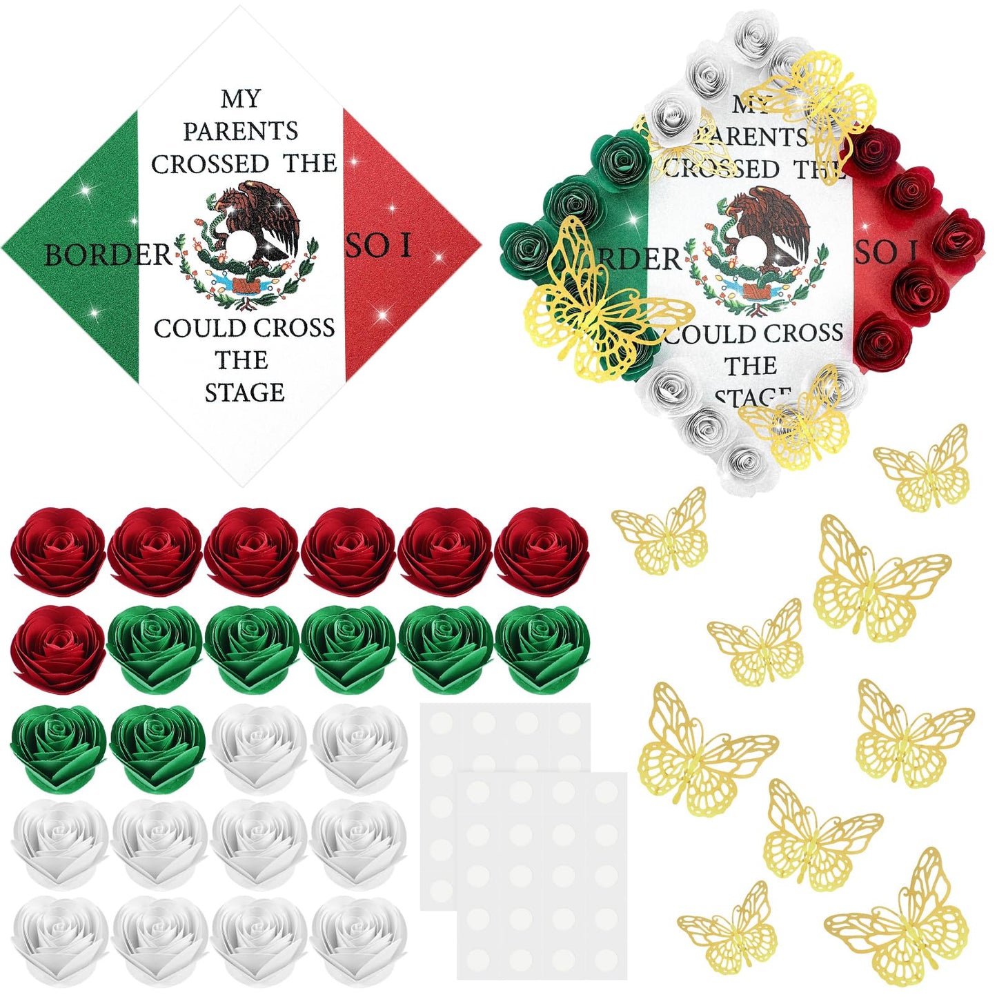 Dunzoom 37 Pcs Mexican Flag Graduation Cap Decorations Kit, Glitter Mexican Flag Grad Cap Topper with Paper Flowers 3D Butterflies for Grad Hat Topper Cover Craft Gift Decor(Style A)
