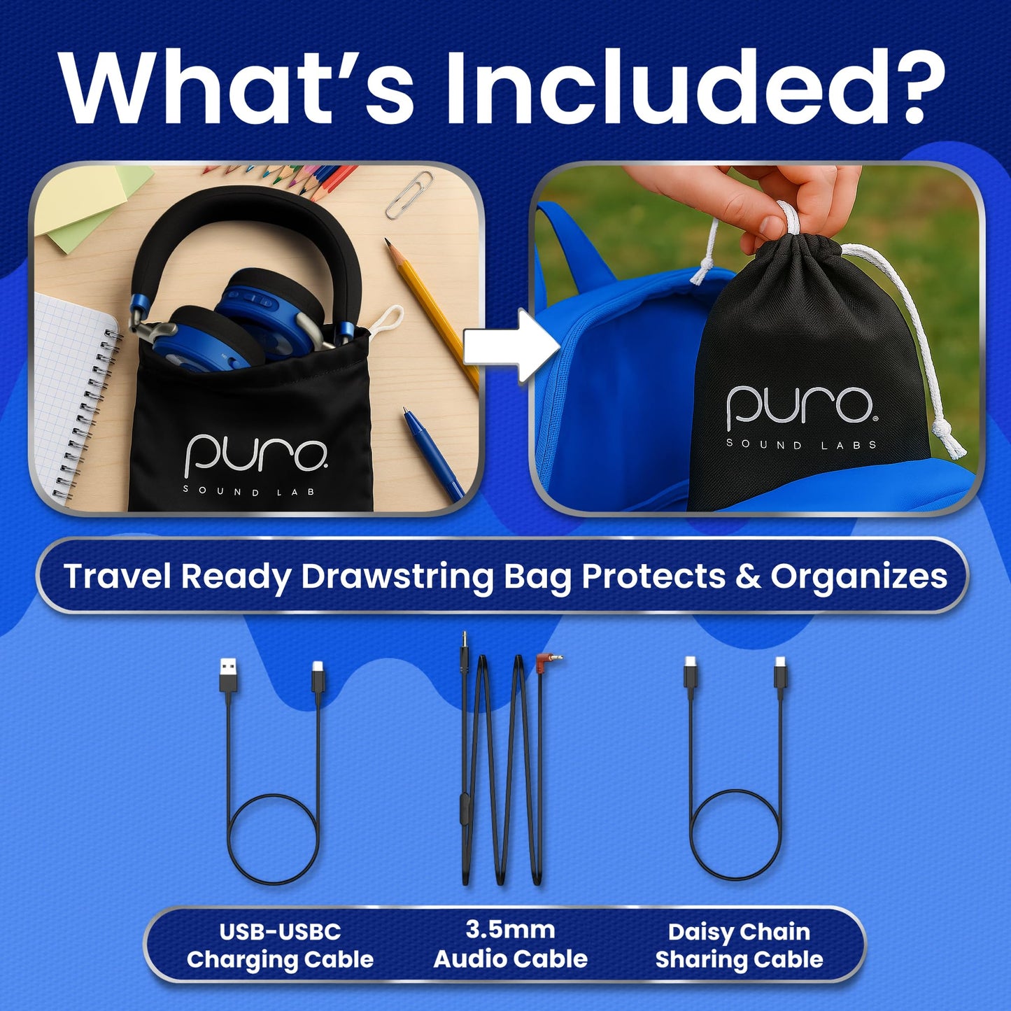 Puro Sound Labs JuniorJam Plus Volume-Limiting Wireless Bluetooth Headphones for Kids, Secure Audio with Adjustable On-Ear Design, 22-Hour Battery Life, Ideal for Tablets, Smartphones & PCs - Blue
