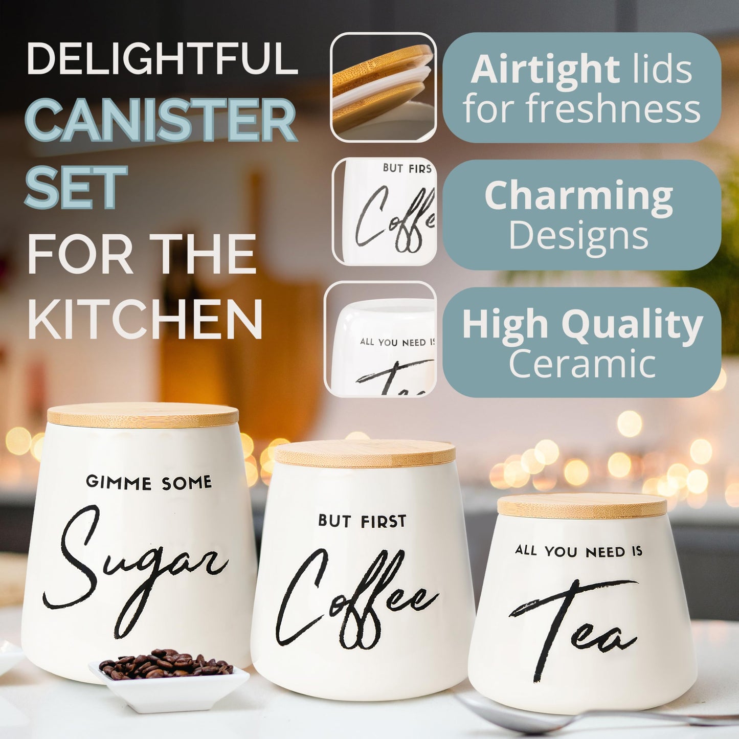 FIFTH FORK Coffee Tea and Sugar Ceramic Canister Set with Bamboo Lids - 3-Piece Airtight Kitchen Canisters for Countertop - Coffee Bar Container Set, Off-White