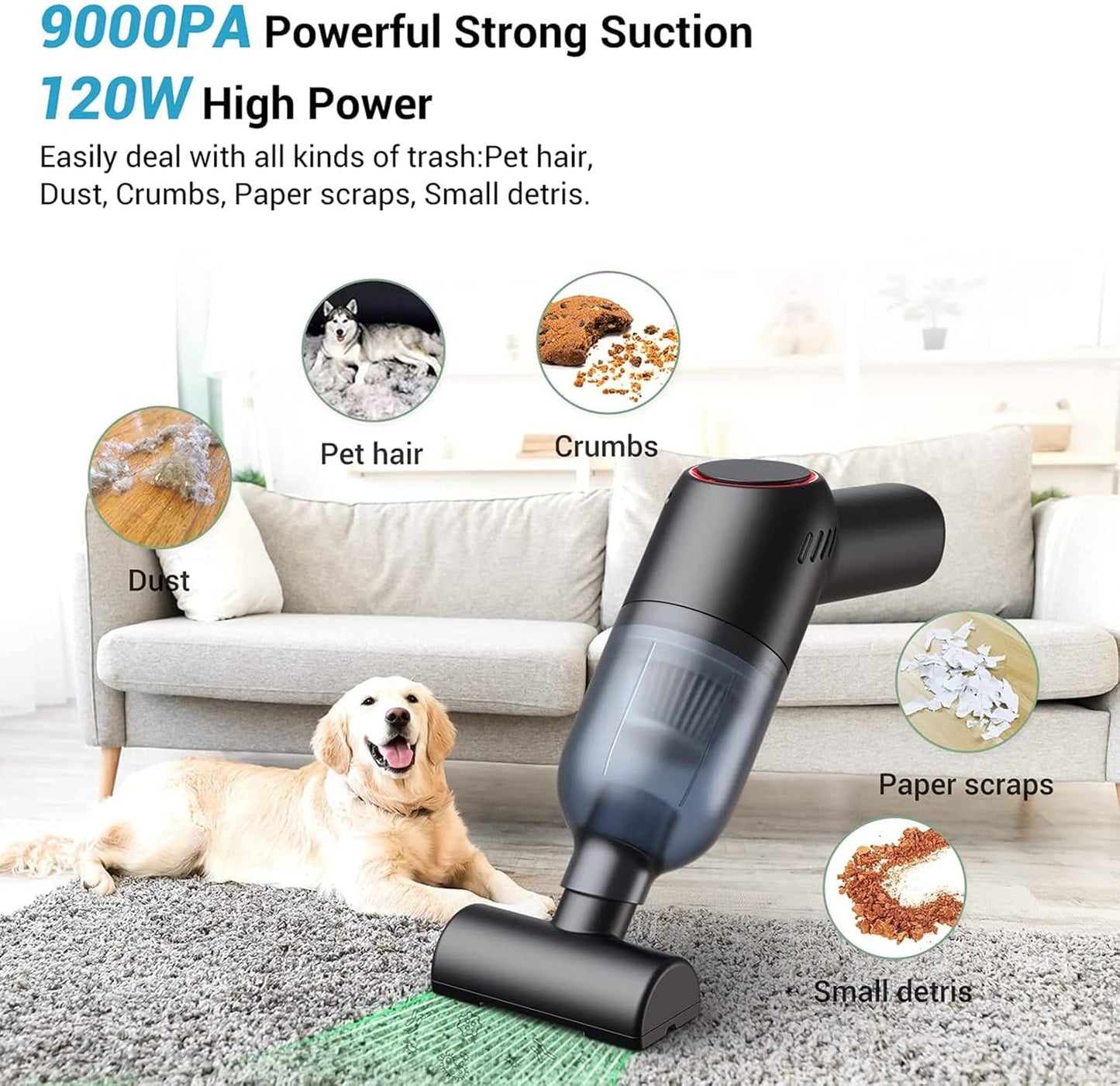 Handheld Cordless Vacuum Cleaner - Mini Vacuum for Tufting Gun Rug Accessories, 9000PA 120W High Power, Black