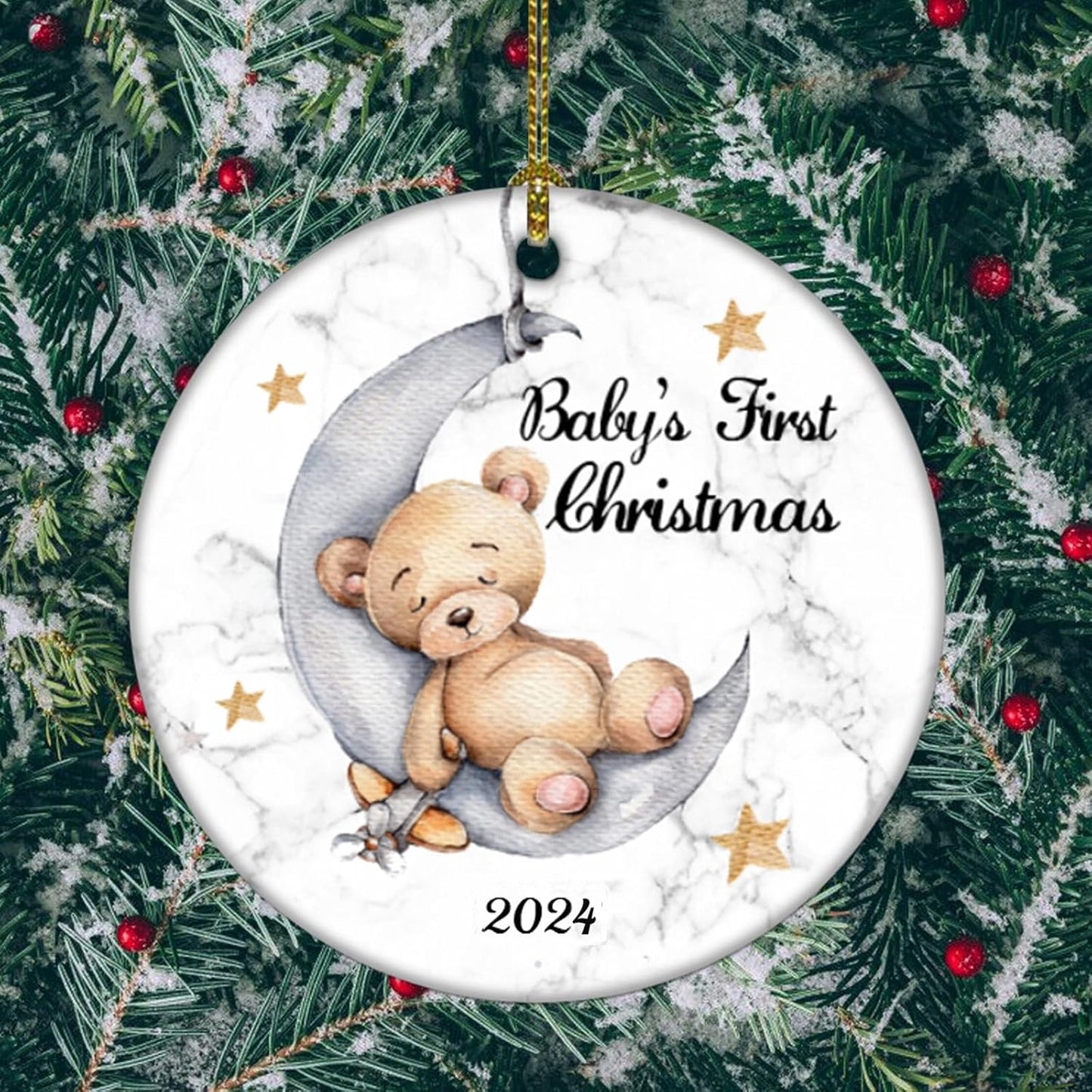 Baby's First Christmas 2025 Boy Bear on The Moon Ornament, Christmas Wedding Decoration, Newlywed 2025 (Yellow and