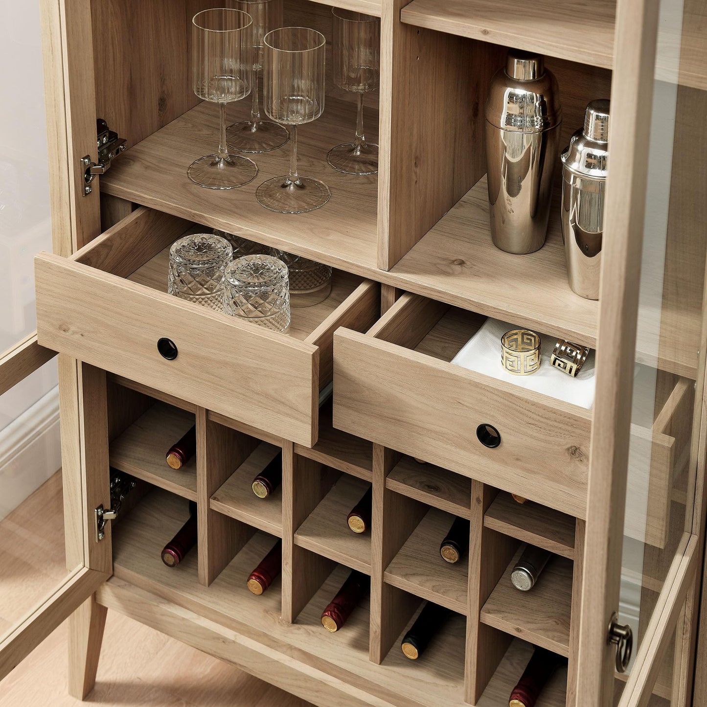 Modway Nolan Modern Farmhouse Arched Bar Cabinet in Light Oak Wood Grain - 72 Inch Tall Wine Storage Cabinet with Glass Doors and Wine Rack - Large Liquor Cabinet for Dining or Living Room