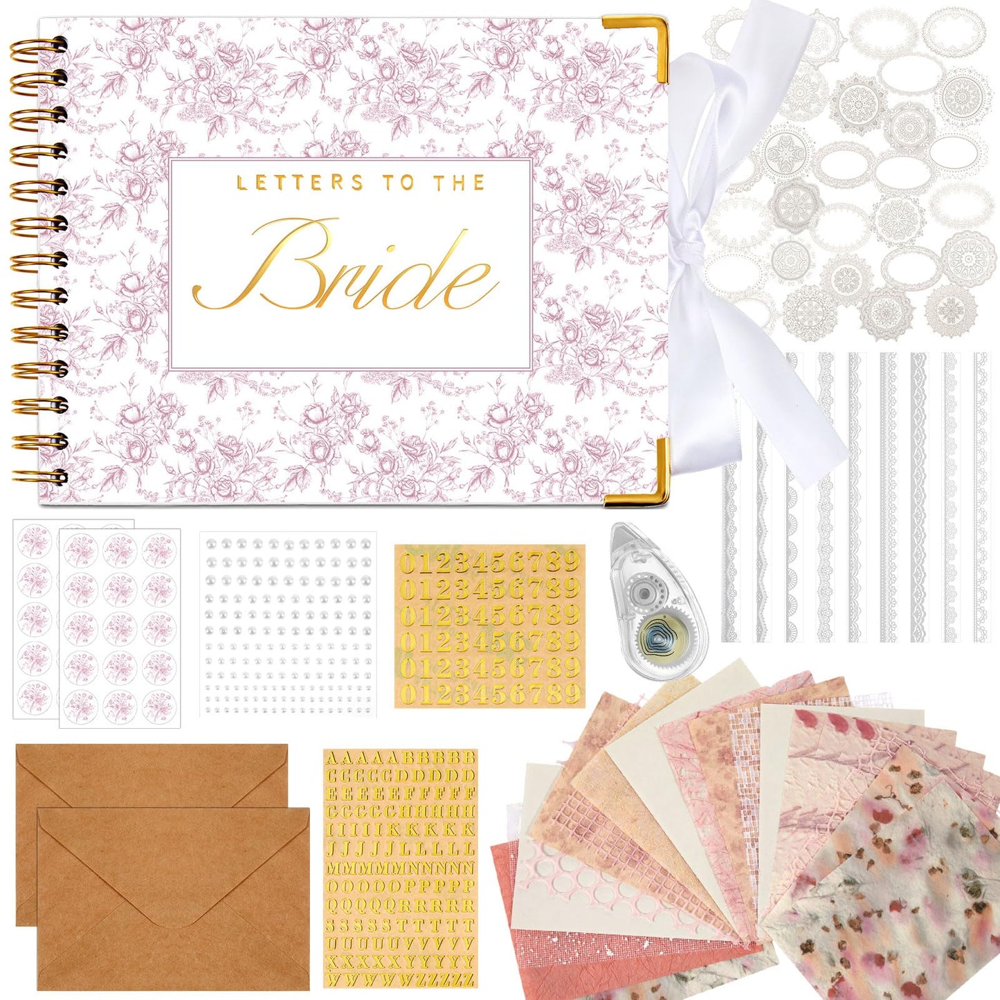 Humyoun Wedding Guest Book Letters to The Bride Scrapbook Wedding Memory Book Bridal DIY Blank Paper Scrapbook Photo Album Guest Sign with Pearl Stickers(8.5 x 7 Inch,Floral,Pink)