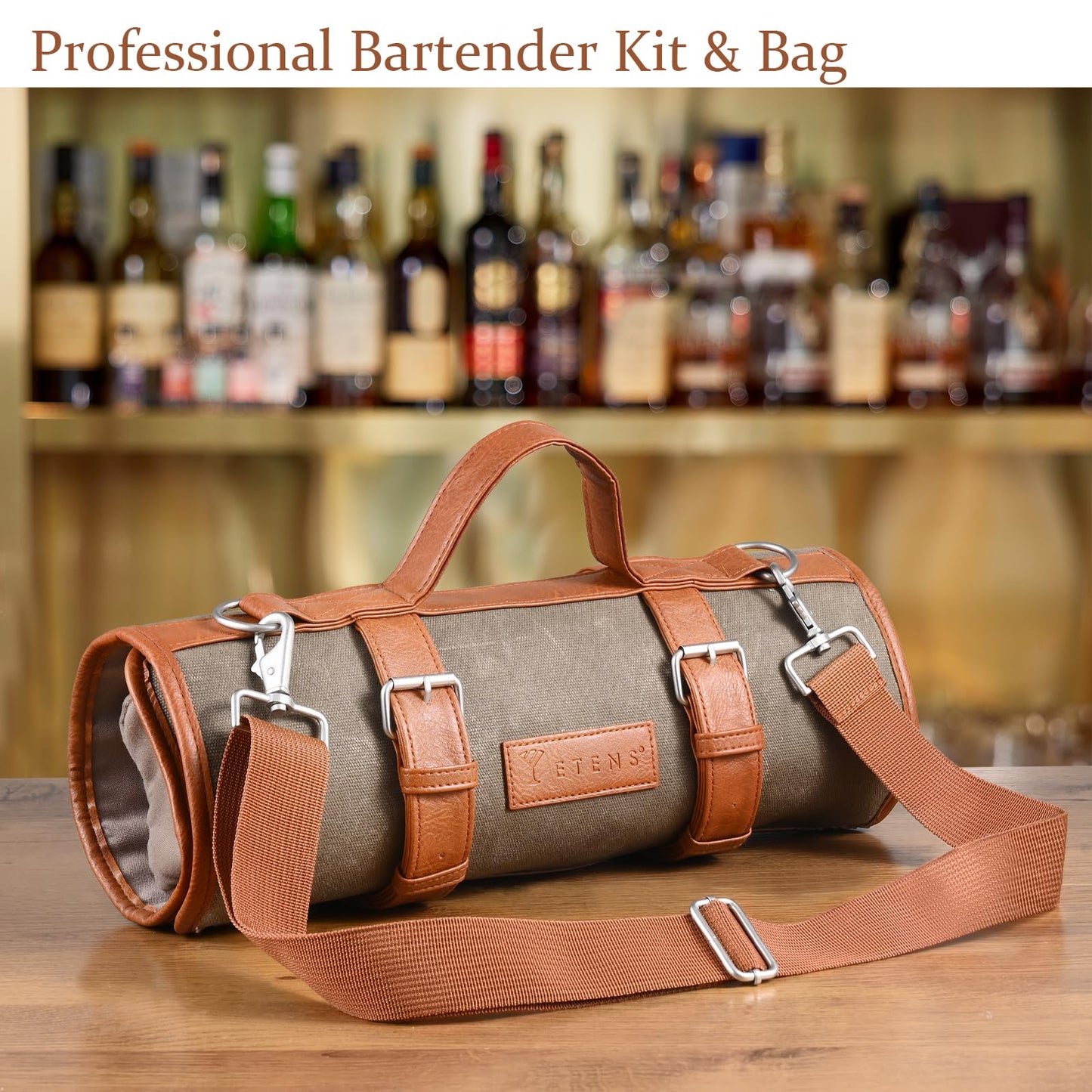 Etens Travel Bartender Kit – 22-Pc Bartending Kit with Bar Tools Bartender Accessories, Waxed Canvas Tool Bag – Professional Stainless Steel Bar Tools Set with Standard Jigger, Unbreakable Squeezer