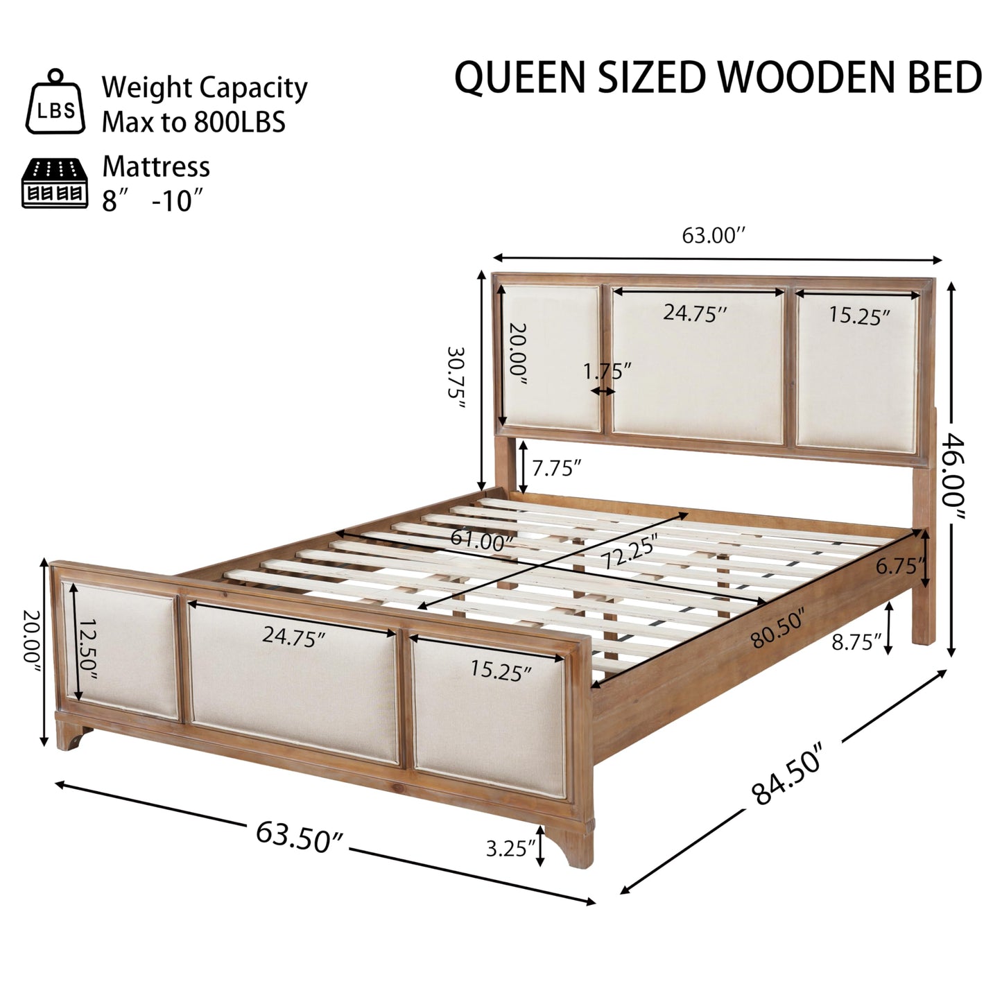 Queen Size Wooden Bed Frame with Upholstered Headboard, Natural Wood & Beige Fabric, Solid Wood Platform, Modern Farmhouse Style