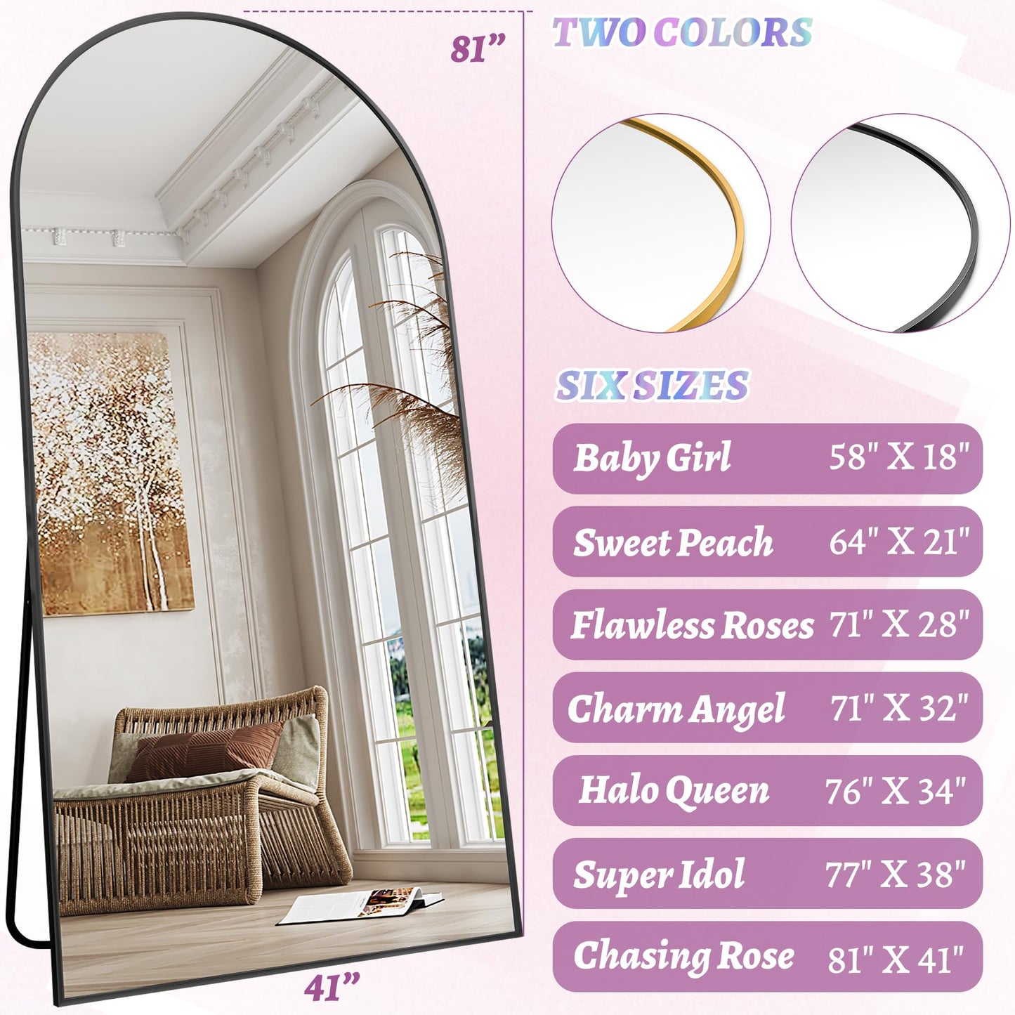 LadyNow Full Length Mirror, 81"x41" Oversized Floor Mirror Freestanding, Full Body Floor Standing Mirror with Stand, Hanging Mounted for Bedroom Living Room, Black, Arched Style