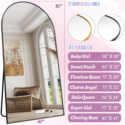 LadyNow Full Length Mirror, 81"x41" Oversized Floor Mirror Freestanding, Full Body Floor Standing Mirror with Stand, Hanging Mounted for Bedroom Living Room, Black, Arched Style