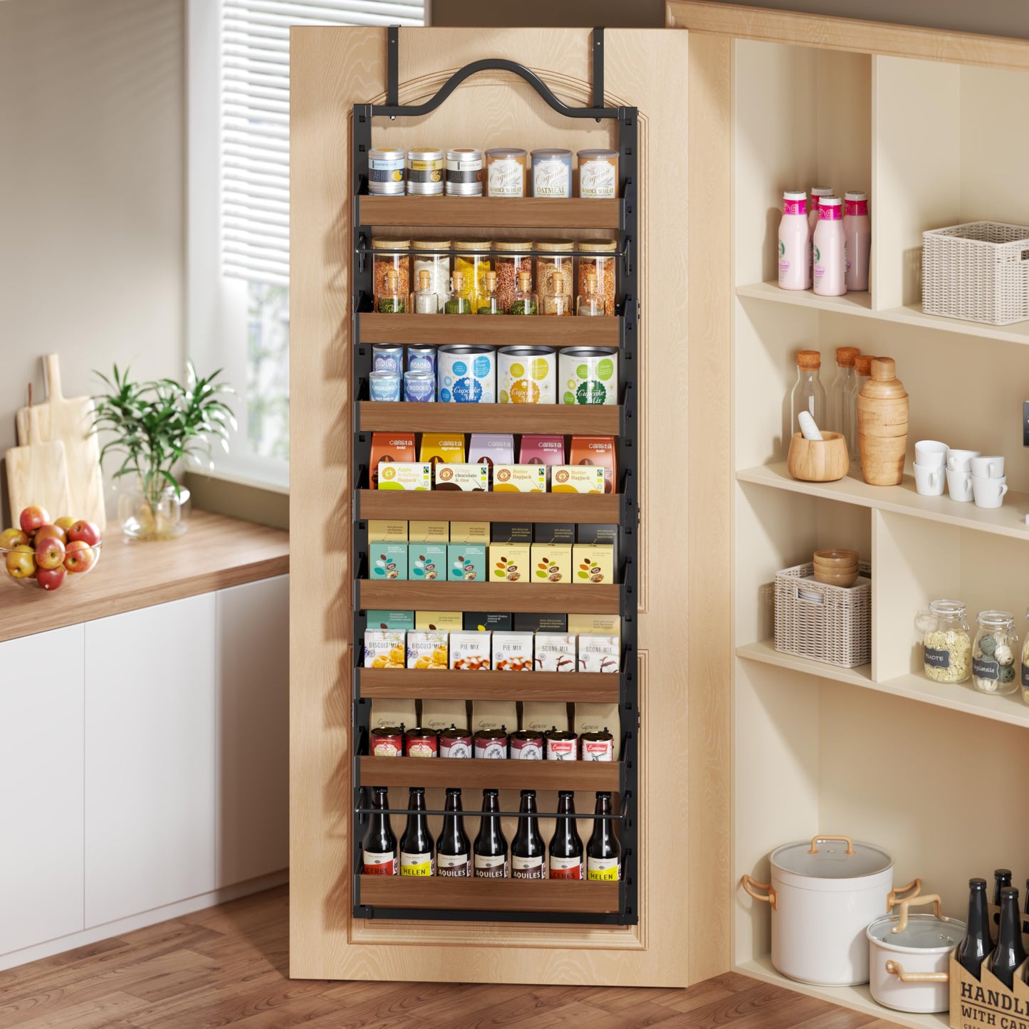 Freexployer 8-Tier Spice Rack Wall Mount, Heavy-Duty Over the Door Pantry Organizer with Wooden Adjustable Basket, 2 IN 1 Wall Mount or Hanging Pantry Door Organizer,Door Spice Rack for Pantry, Black
