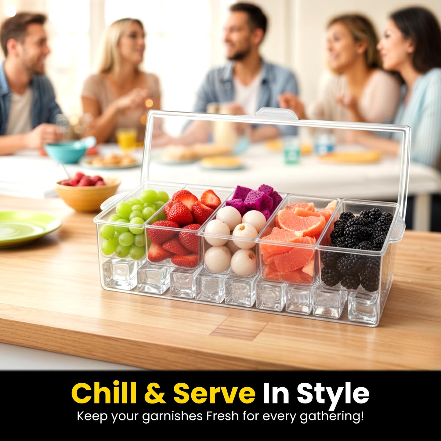 WISHMART Ice Chilled Condiment Caddy with Lid – 5 Removable Compartments, Utensils Included – Buffet Server for BBQ, Taco Bar & Parties