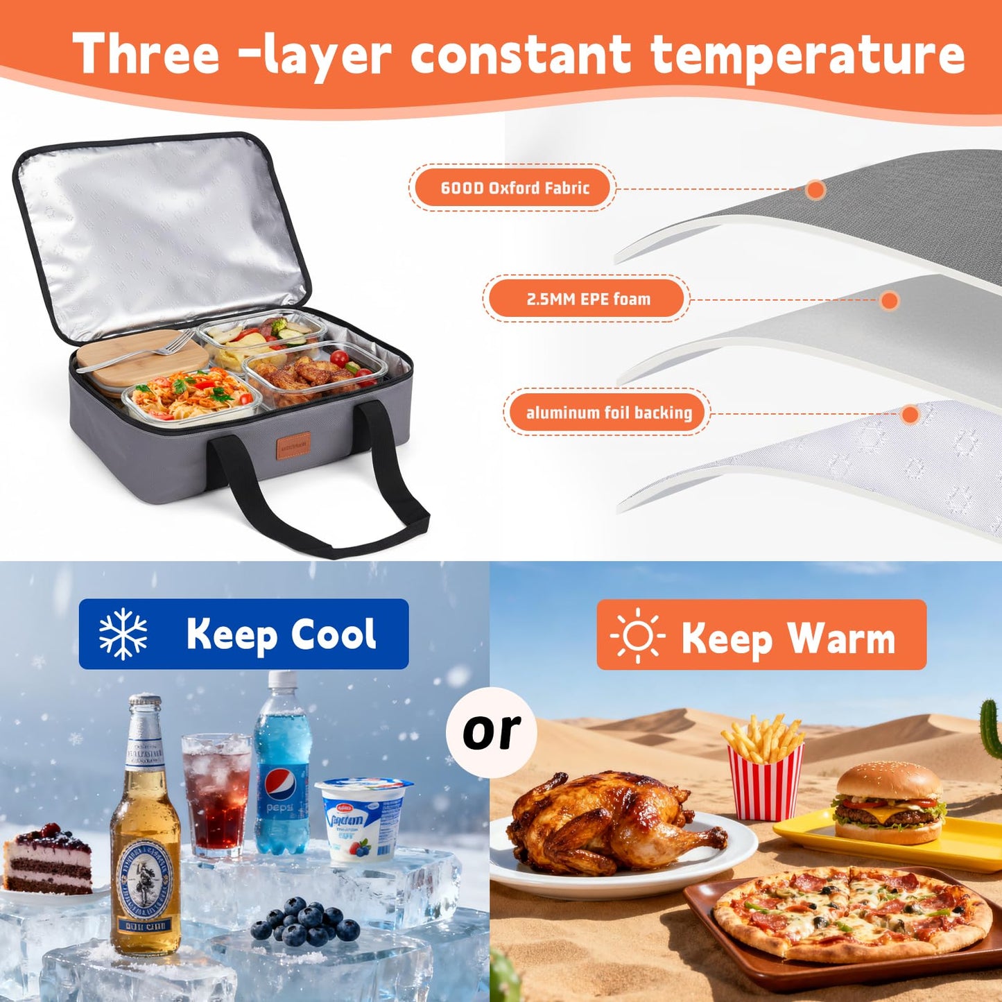 BlissfulSGDM Insulated Casserole Carrier, Leakproof Food Carriers for Hot or Cold food, Portable Thermal Bag for Travel/Potluck Parties/Picnic/Cookouts (Grey)