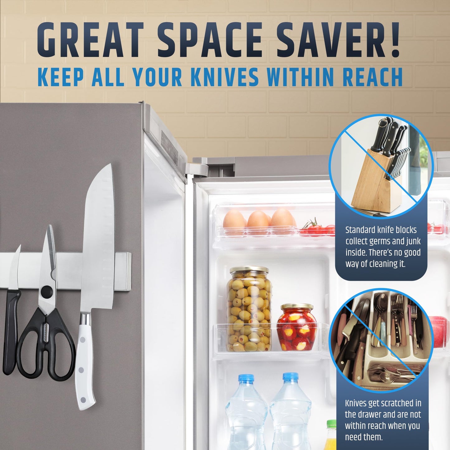 22" Premium Magnetic Knife Holder for Refrigerator (Double-Sided Heavy-Duty Magnets) - Upgraded Strip for Strong Fridge Mount - Clear Up Counter Space - 304 Anti-Rust Stainless Steel (Upgraded Design)