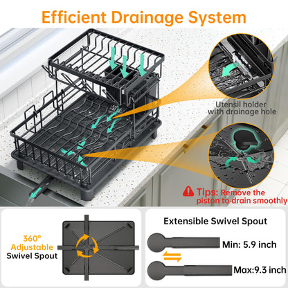 IMXSUMDA Dish Drying Rack, 2 Tier Dish Racks for Kitchen Counter, Compact Drying Rack Kitchen, Rust-Resistant Dish Drainer, Detachable Space-Saving Dish Rack with Drainboard, Utensil Holder, Black