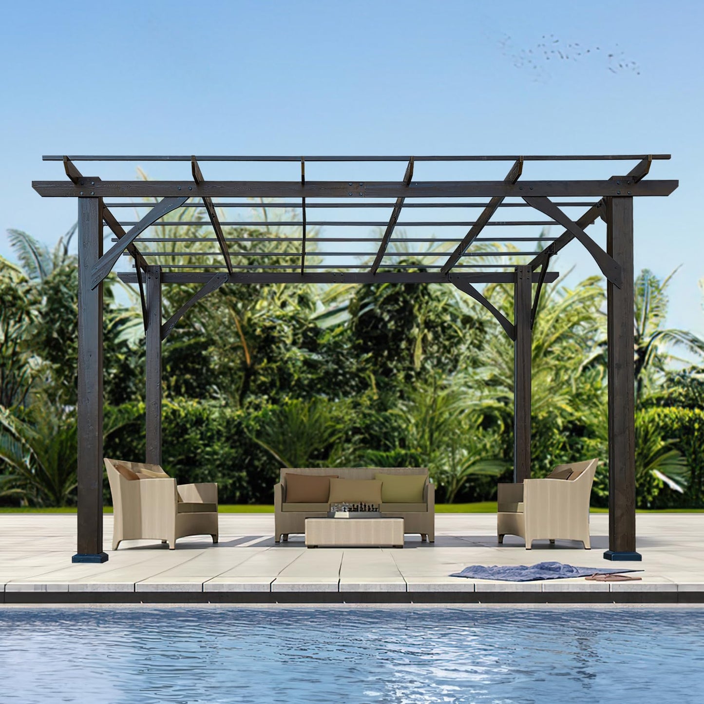 Endark 12 * 10FT Cedar Wood Pergola, Wind Secure, Strong, Quality Made, Rot Resistant, Concrete Anchors, Spacious for Outdoor Patio, Deck